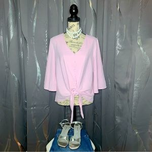 Womens Pink Chiffon Button Down V Neck Blouse 3/4 Bell Sleeve Size Medium